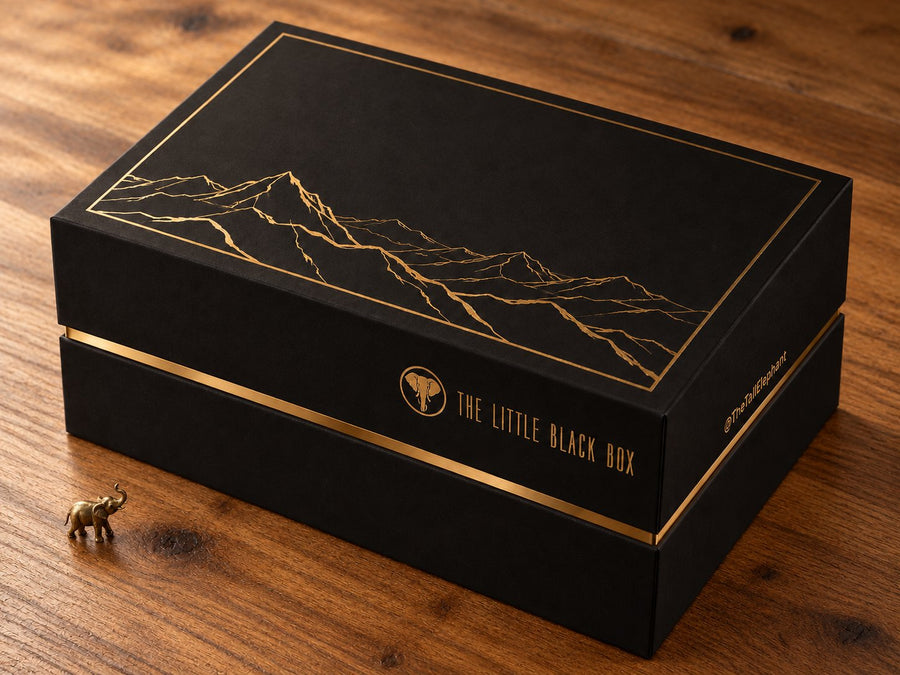 The Little Black Box 2027, matte black with gold mountain line art